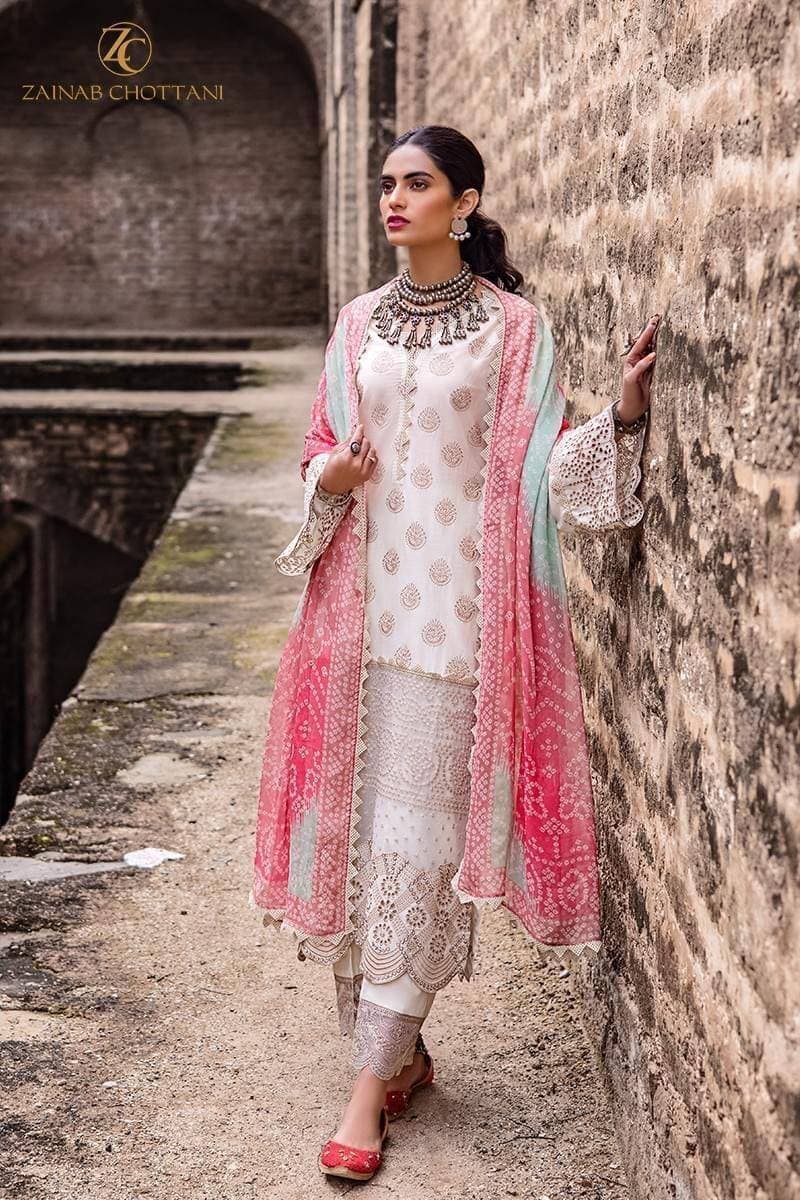 Cotton Embroidered 3 PCS Women Unstitched Suit - White - Ra-80