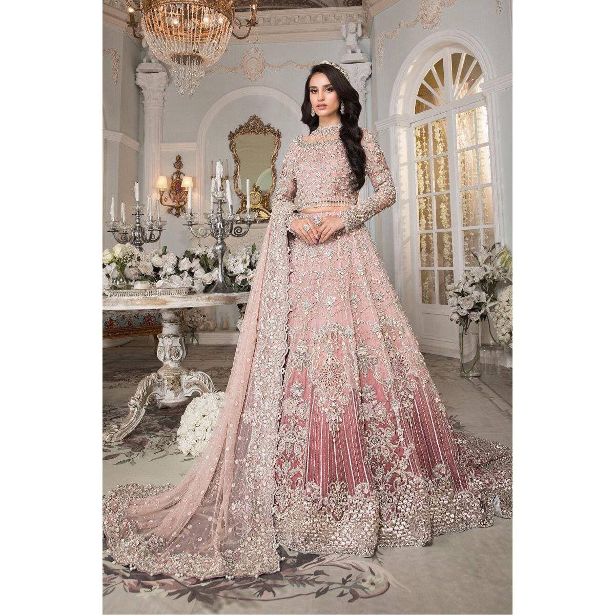 Heavy Embroidered 3 PCS Women Bridal Unstitched Frock - Crepe Pink - Ra-31