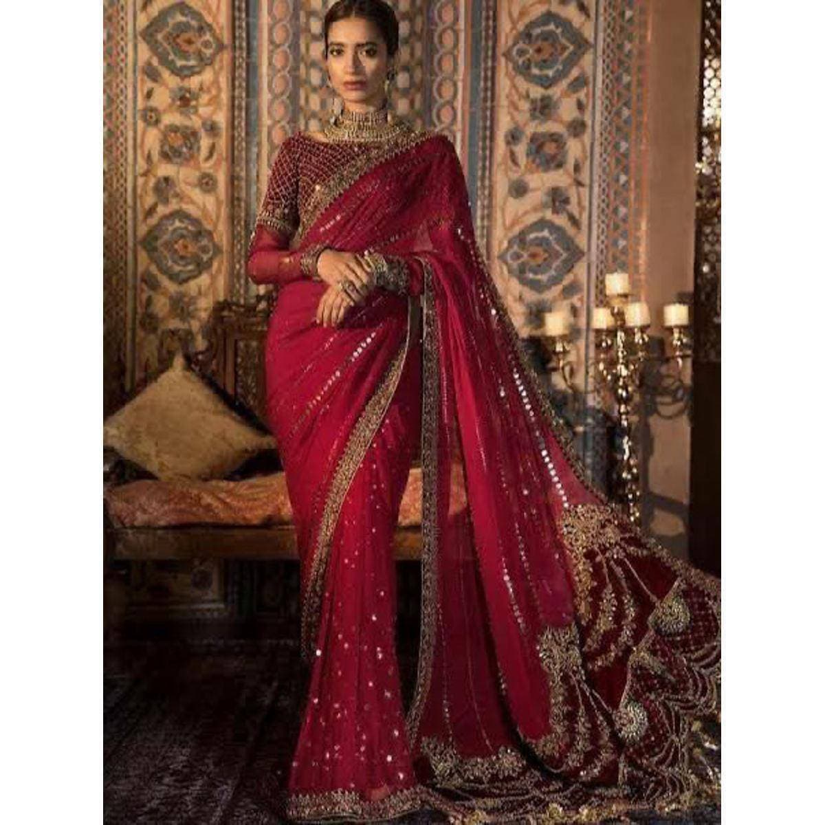 Chiffon Heavy Embroidered 3 PCS Women Unstitched Wedding Saree - Multi Colors - Ra-50