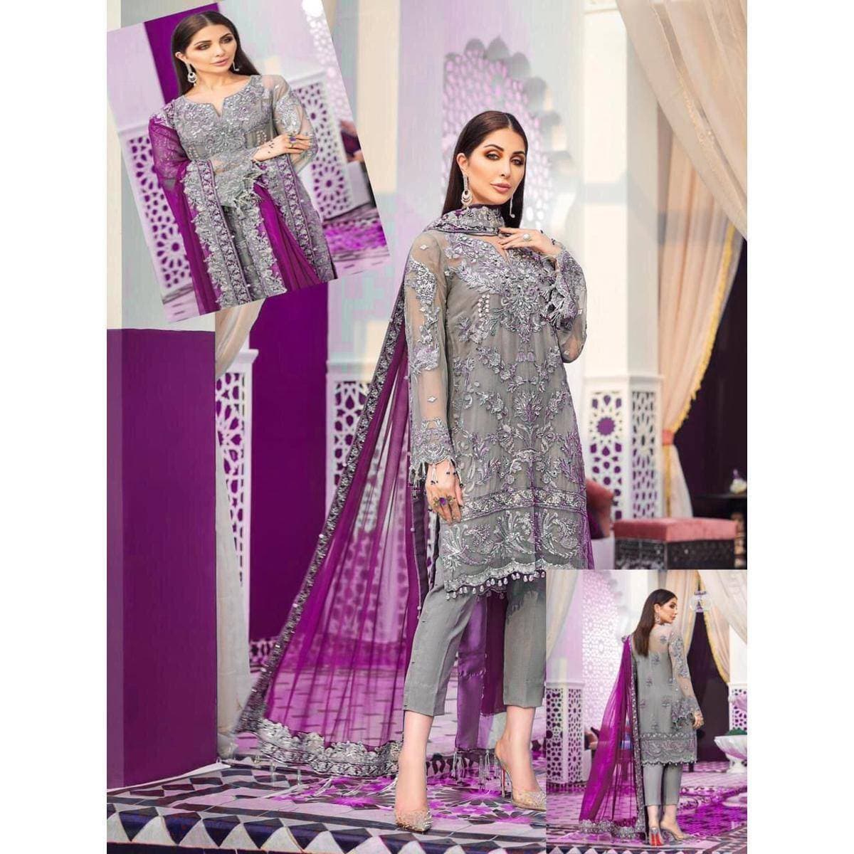 Heavy Embroidered 3 PCS Women Unstitched Suit - Grey - Ra-03