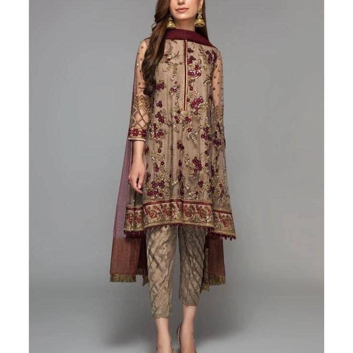 Heavy Embroidered 3 PCS Women Unstitched Suit - Camel Color - Ra-26