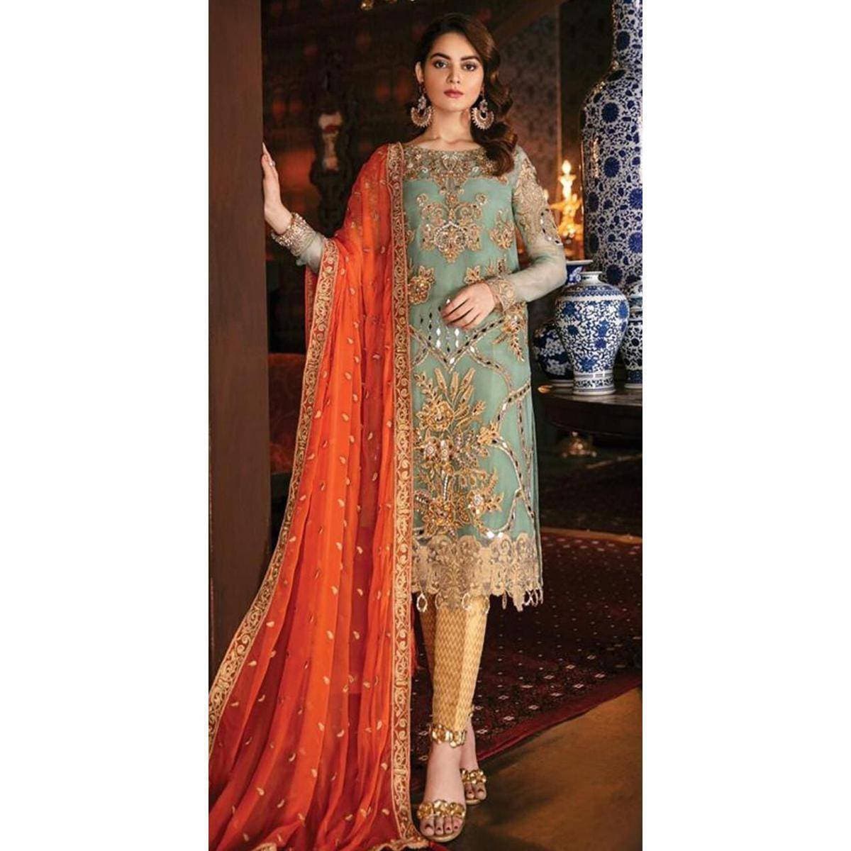 Chiffon Heavy Embroidered 3 PCS Women Unstitched Suit - Multi Colors - Ra-68