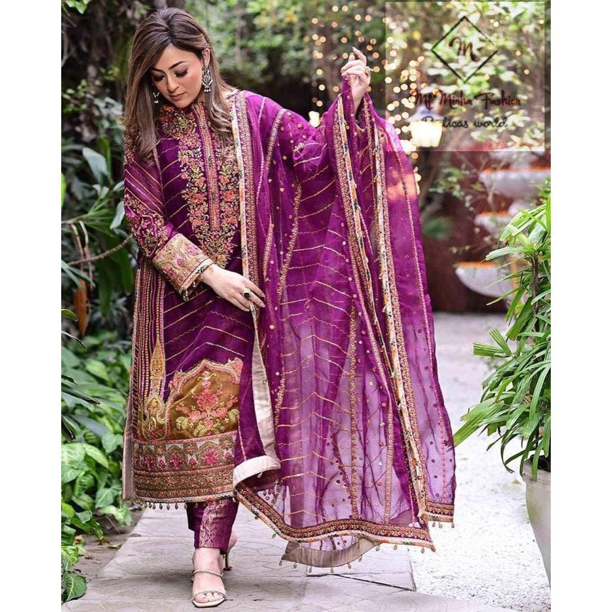 Heavy Embroidered 3 PCS Women Unstitched Suit - Magenta - Ra-75