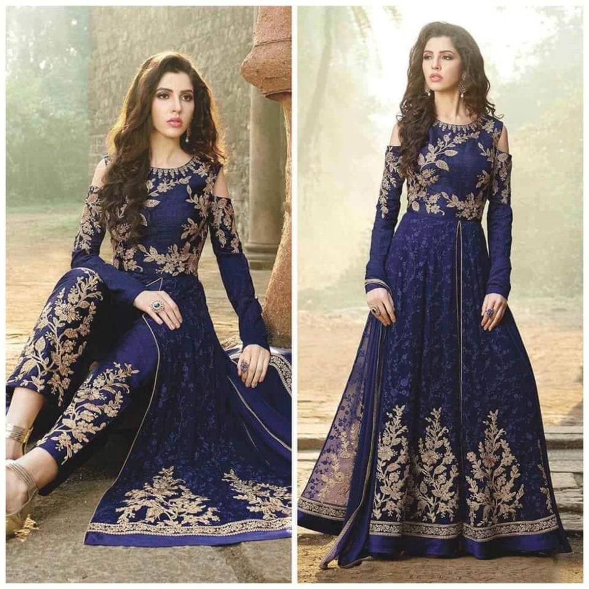 Heavy Embroidered 3 PCS Women Unstitched Suit - Navy Blue - Ra-45