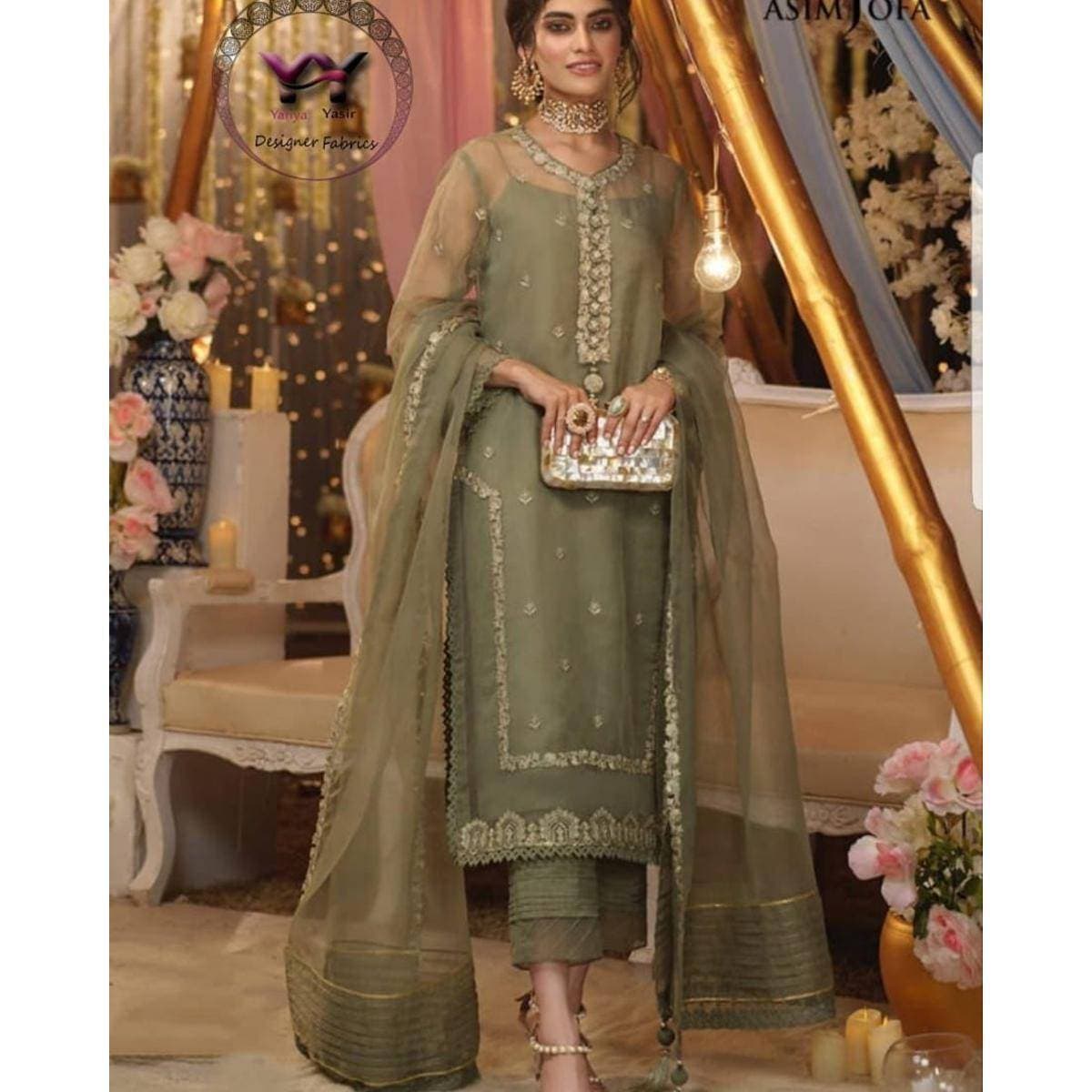 Organza Embraided 3 PCS Women Unstitched Suit - Green - Ra-91