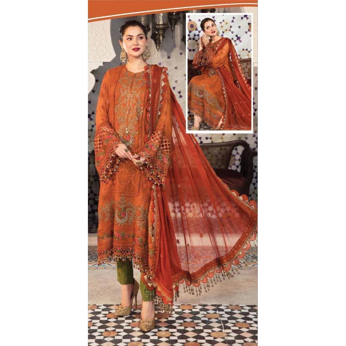 Chiffon And Malai Embroidered 3 PCS Women Unstitched Suit - Orange - Ra-54