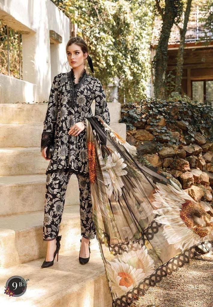 Digital Printed 3 PCS Women Unstitched Suit - Black - Ra-22