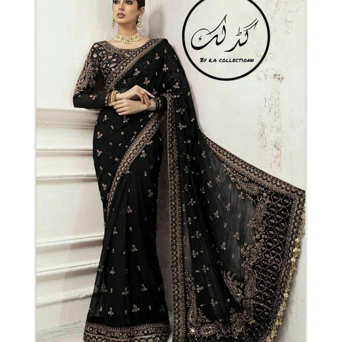 Embroidered 3 PCS Women Unstitched Wedding Saree - Multi Colors - Ra-58