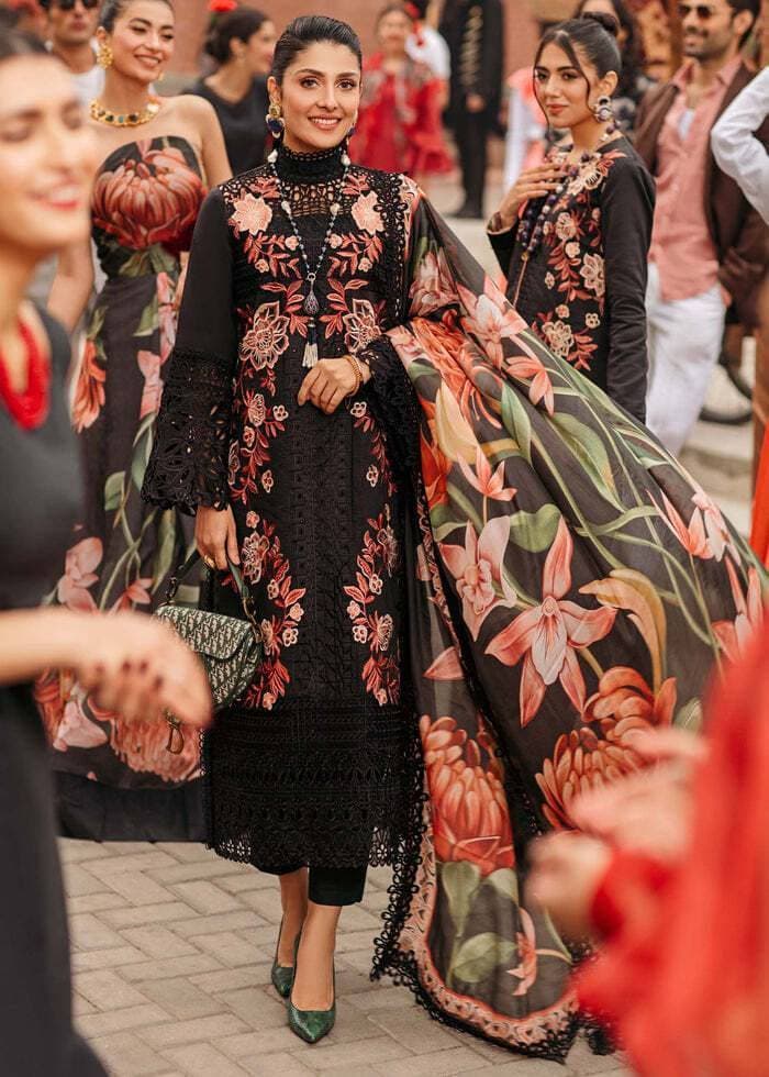 Lawn Heavy Embroidered 3 PCS Women Unstitched Suit - Black - Ra-73