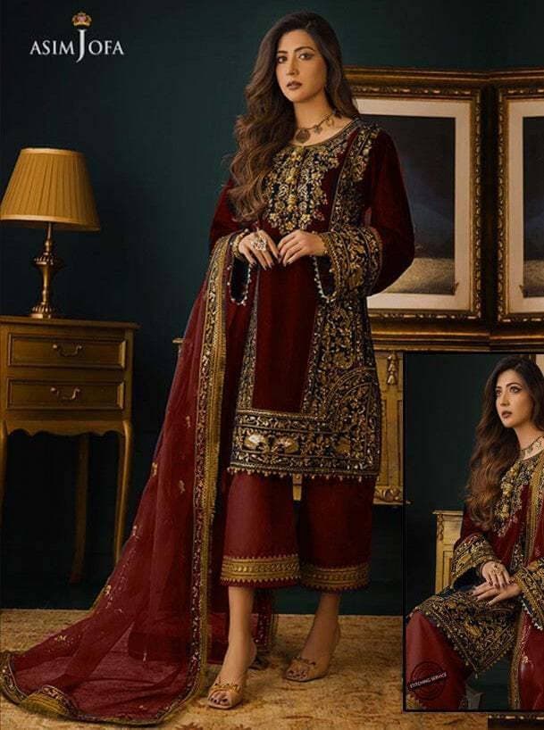 Organza Heavy Embroidered 3 PCS Women Unstitched Suit - Maroon - Ra-30
