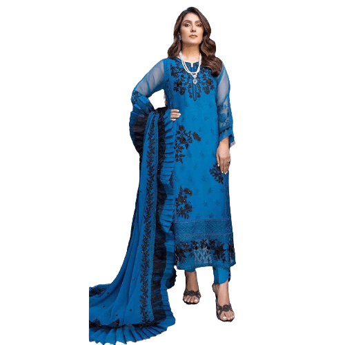 Chiffon And Malai Embroidered 3 PCS Women Unstitched Suit - Blue - Ra-55