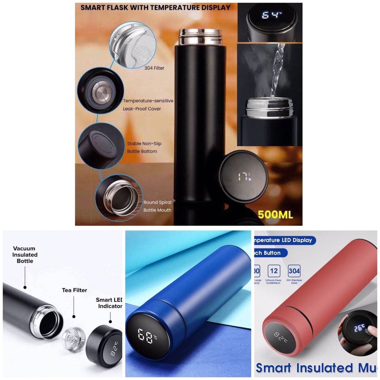 500ML Stainless Steel Vaccum Flask With LED Temperature Display Hot and Cool Water Bottle 6-8 Hour Keeps Hot & Cold