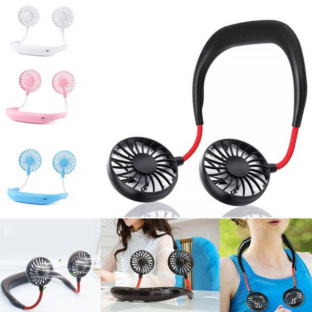 Portable USB Rechargeable Neckband Lazy Neck Hanging Style Dual Cooling Fan