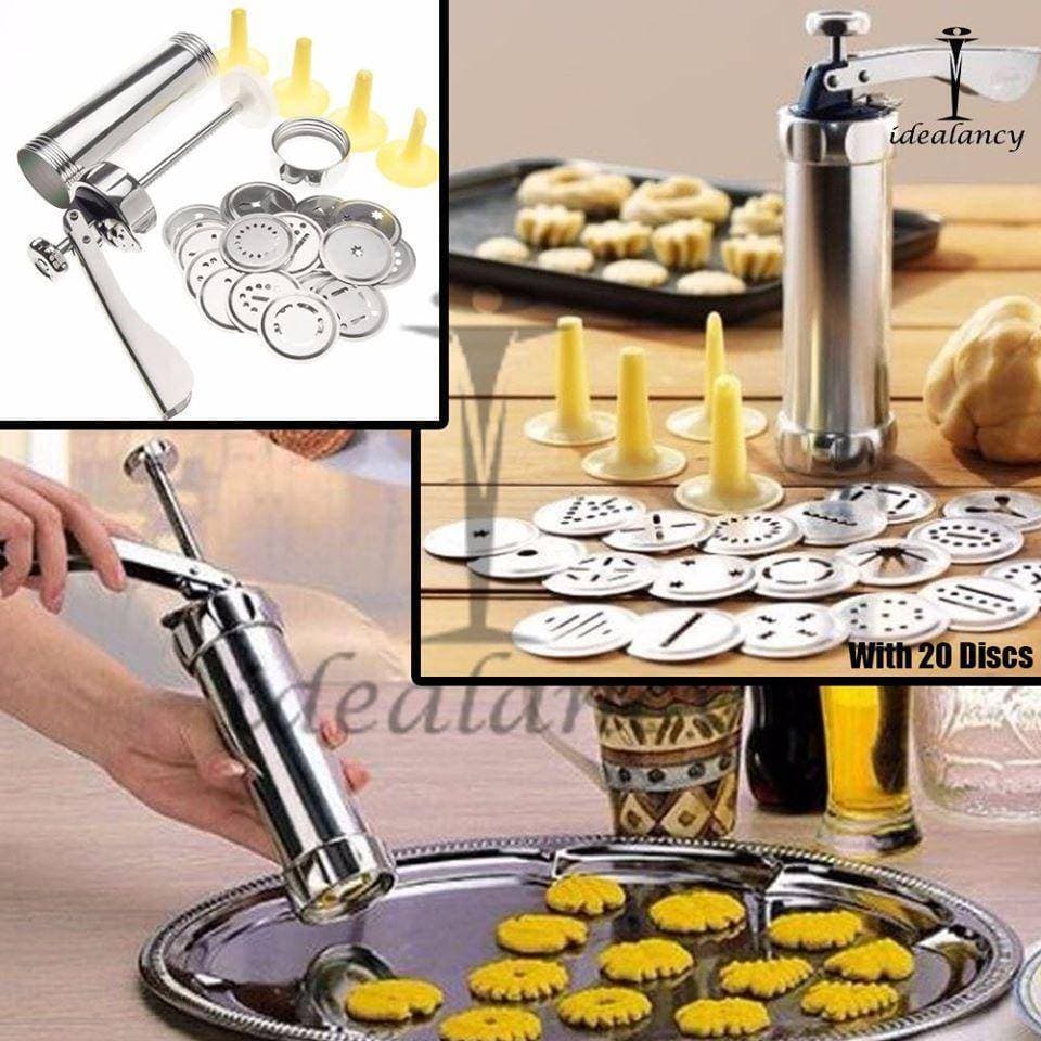 Stainless Steel Cookie Press - With 20 Discs & 4 Nozzle