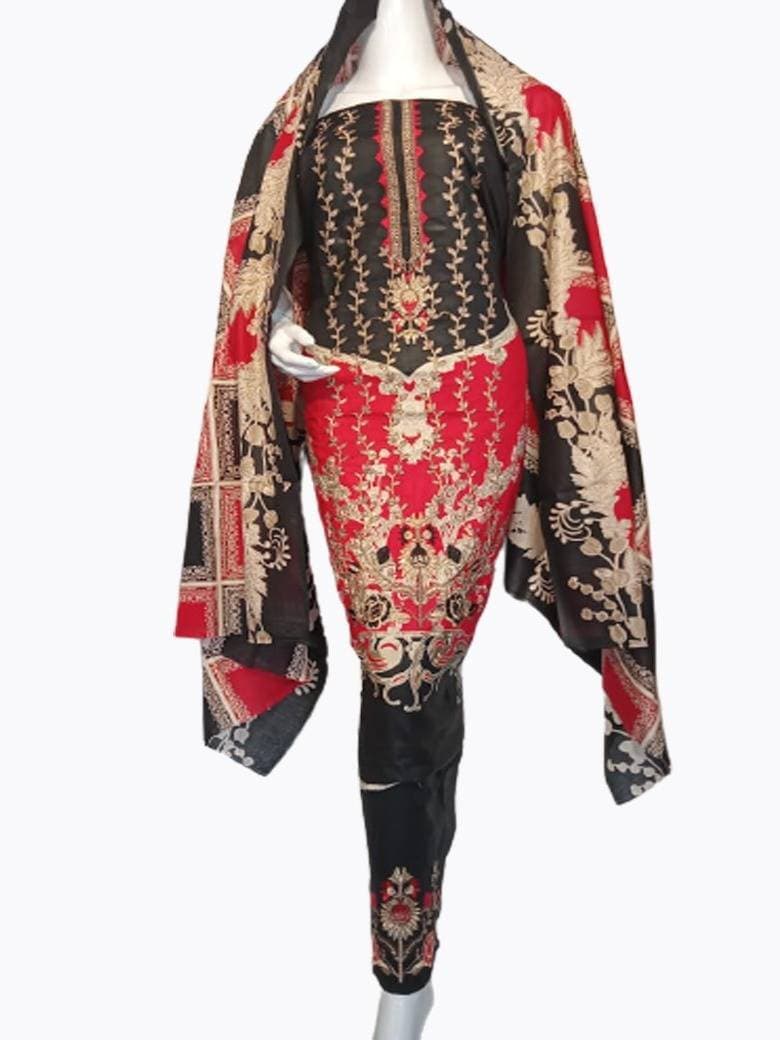 Kastori Cotton Embroidered 3PC Unstitched Suit (Black)