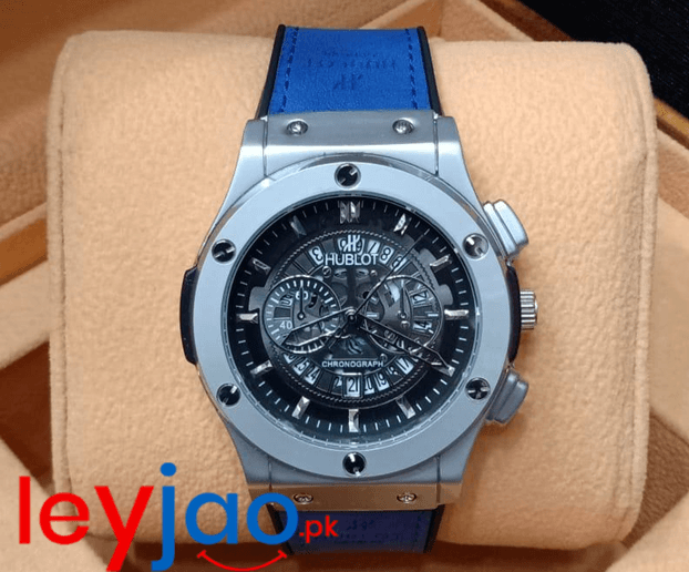 New Leather Belt Wrist Watch For Men With Date Working and Skeleton Dial - Blue Strap