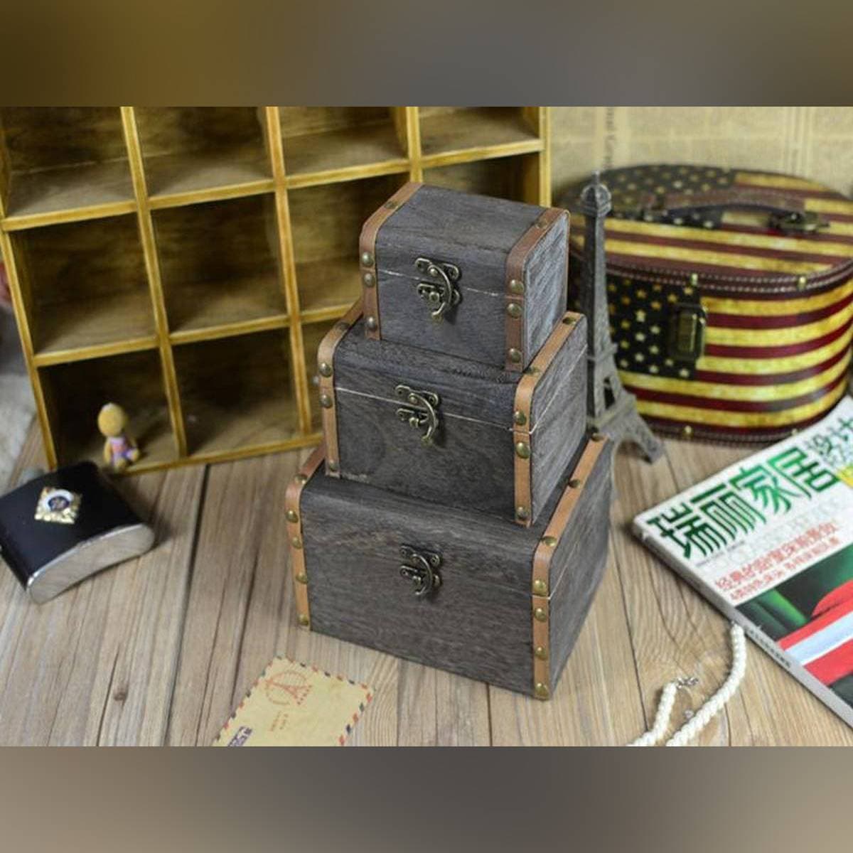 3Pcs Wooden Set Chest Jewelry Storage Box Case Diy Home Decorations