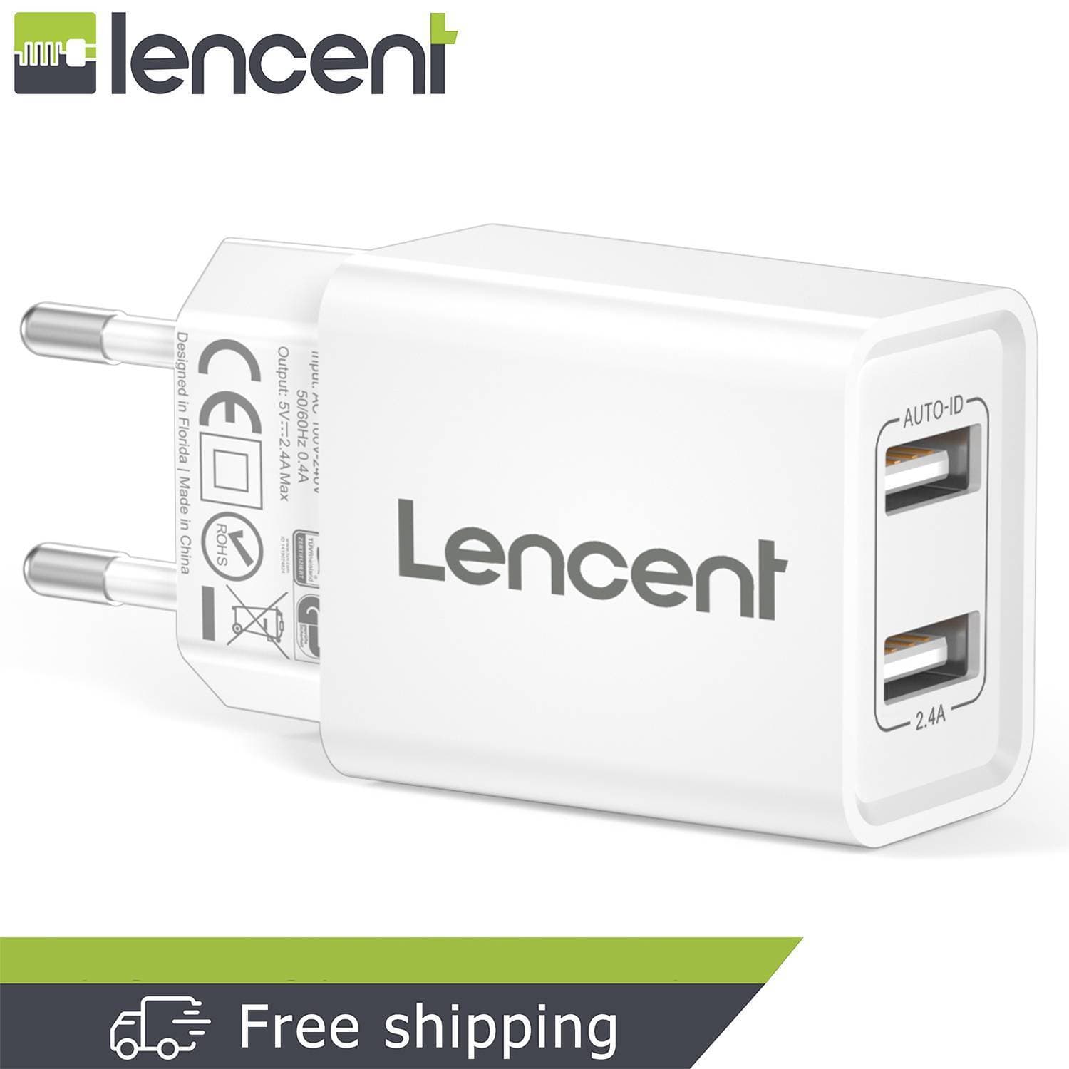LENCENT EU Plug 2 Port USB Wall Charger 12W/2.4A Mobile Charger