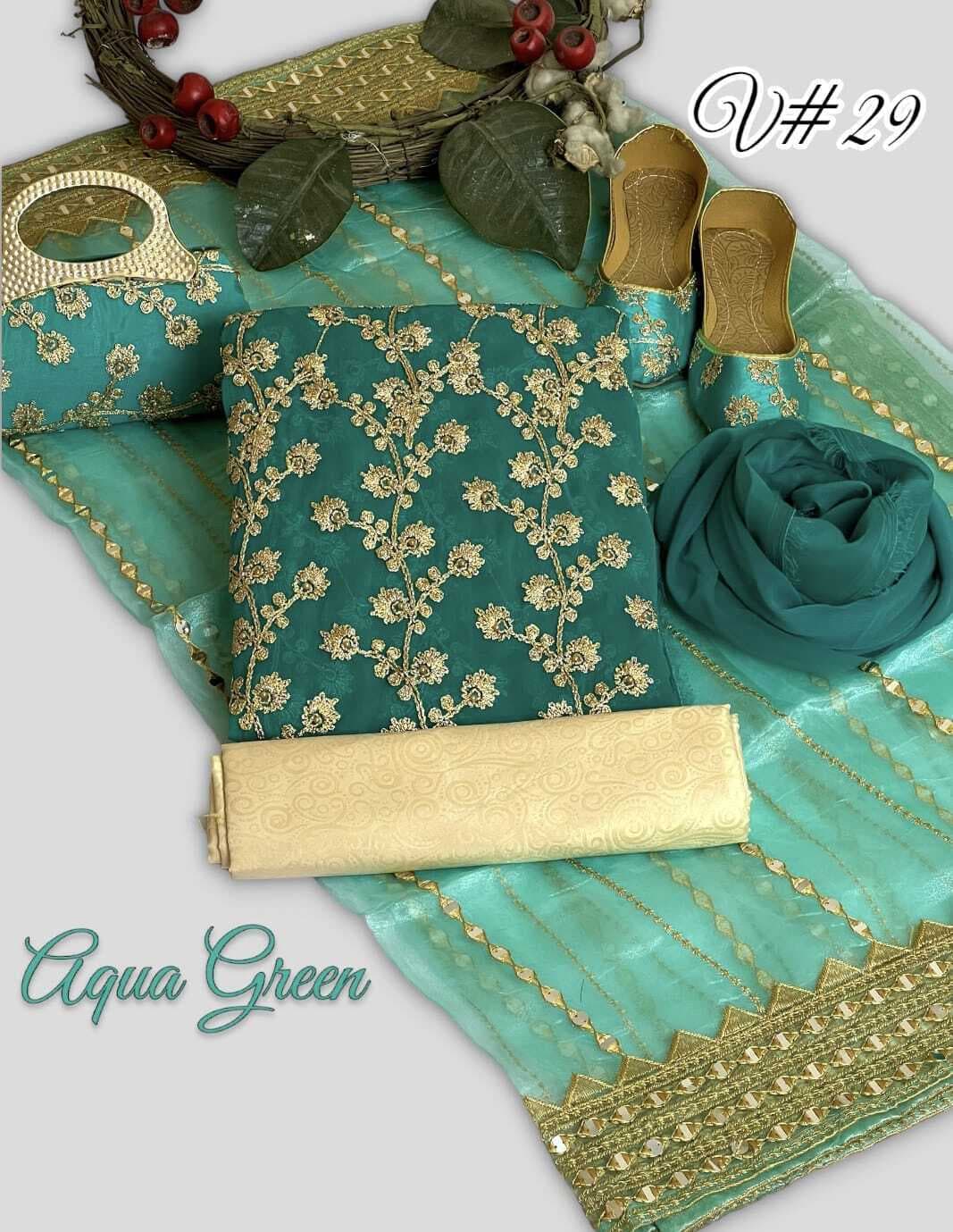 Party Wear 5 PCS Pack With Khussa And Clutch For Women - Aqua Green