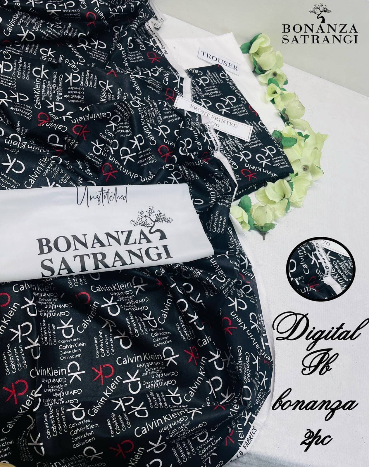 Bonanza Satangi Digital Printed 2 PCS Women Unstitch Suit - Black