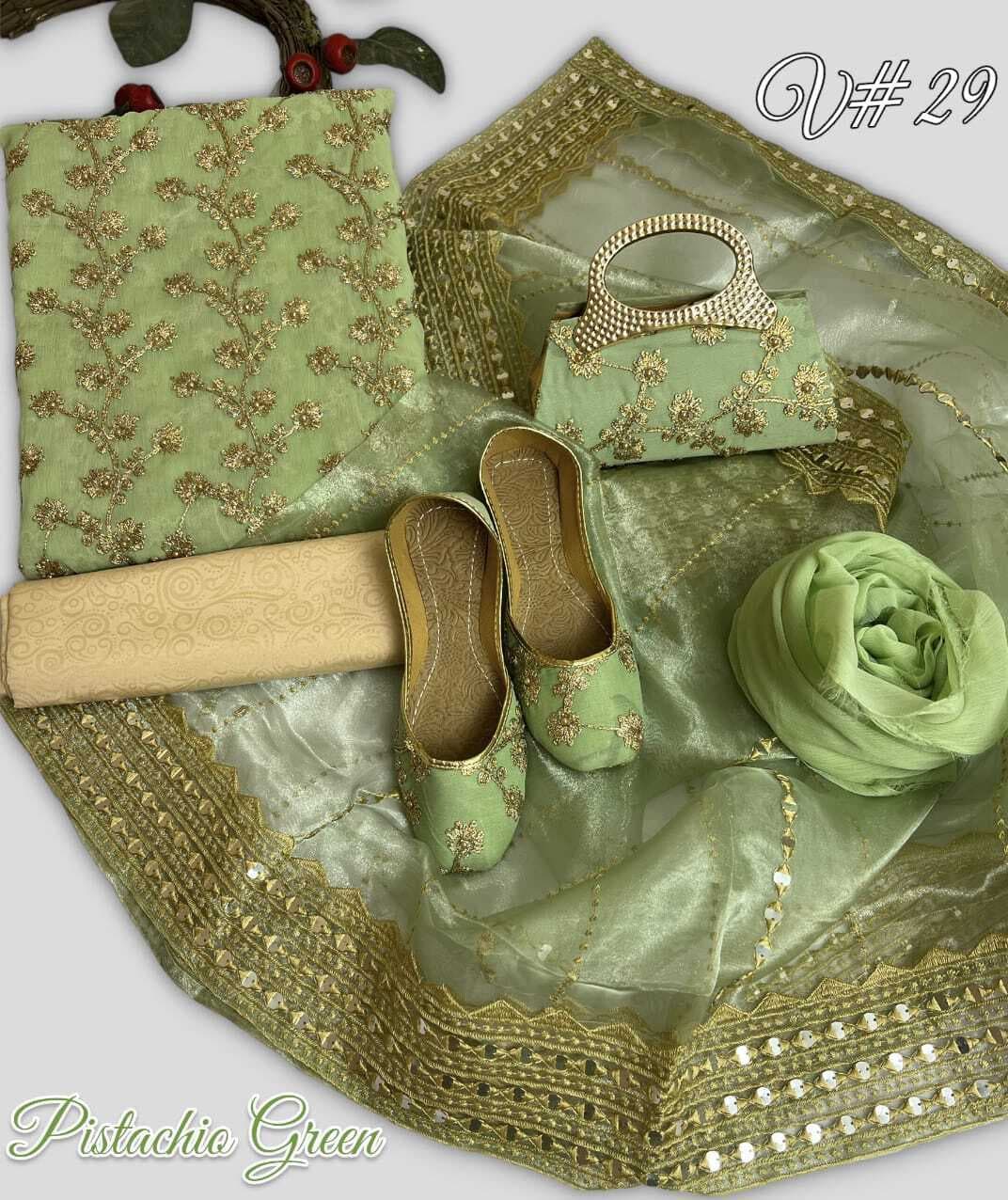 Party Wear 5 PCS Pack With Khussa And Clutch For Women - Pistachio Green