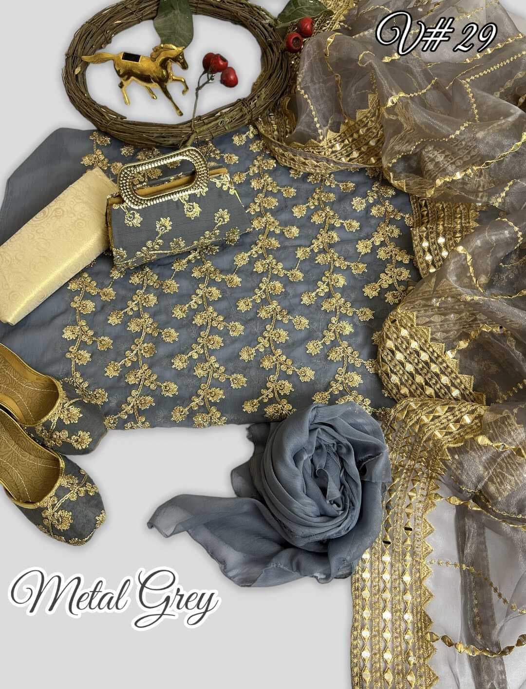 Party Wear 5 PCS Pack With Khussa And Clutch For Women - Metal Grey
