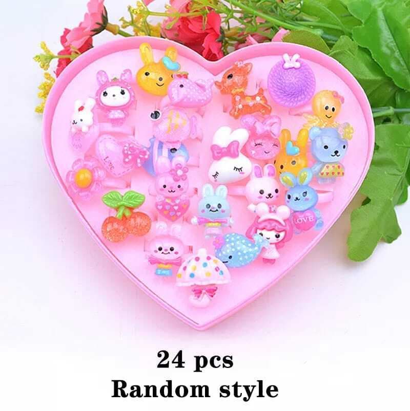 24Pcs Kids Girl Makeup Jewelry Cute Rings