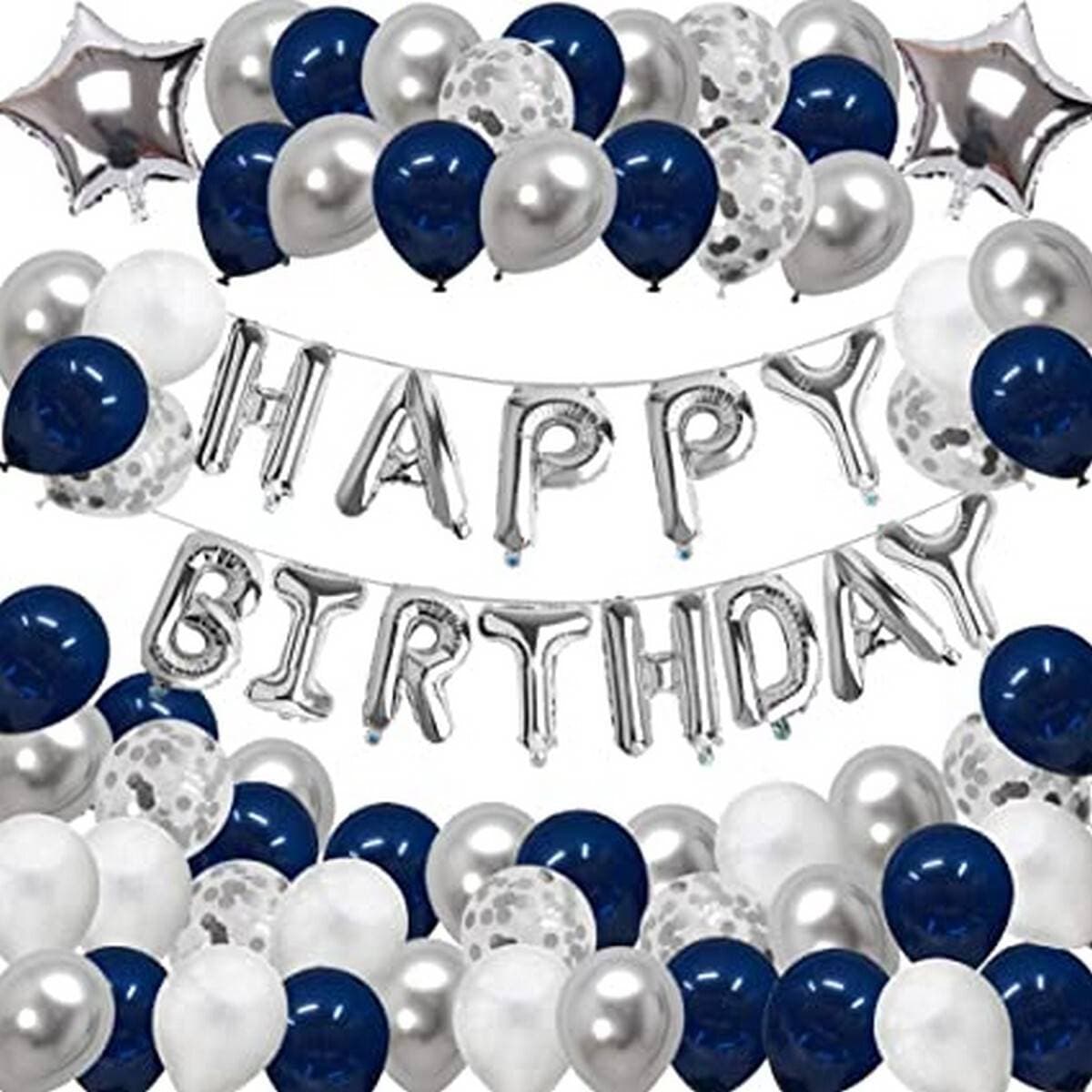 Happy Birthday Blue & Black Decoration Theme Set 1 X 13 Inch Silver Happy Birthday Foil Balloon