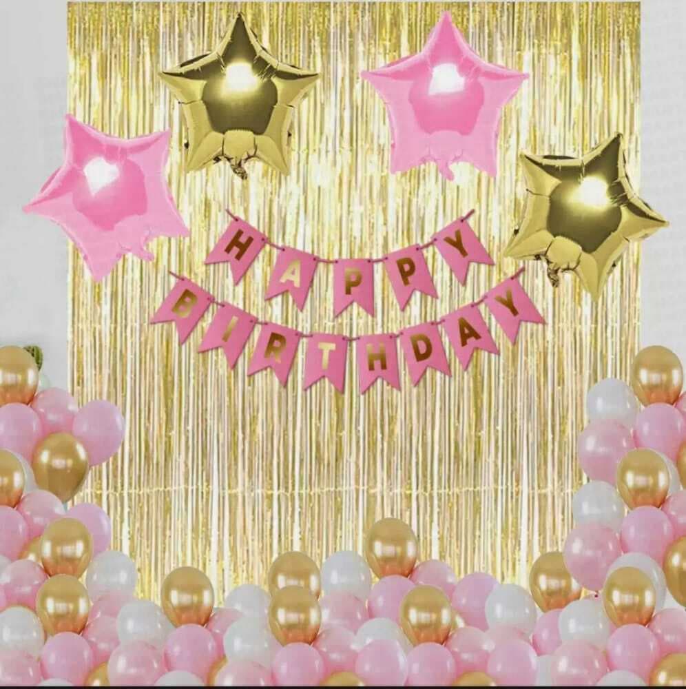 Happy Birthday Golden & Pink Party Theme Balloons Set