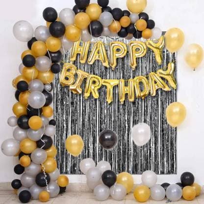 Glamorous Golden Black And Silver Balloons Birthday Decoration
