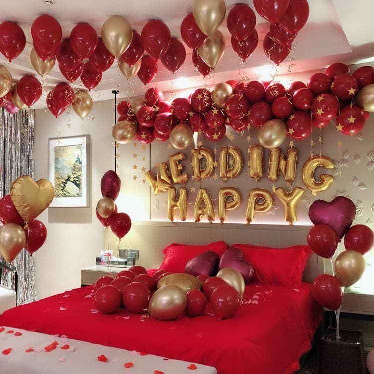 Complete Happy Wedding Golden Foil Letter With Red & Golden Color Balloons Set