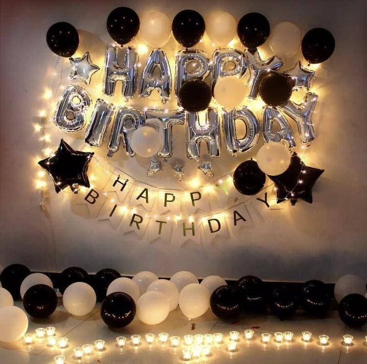 Happy Birthday Silver With Black & White Balloons Theme Set