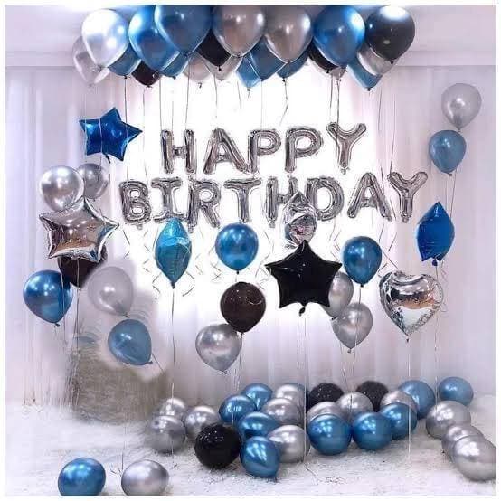 Happy Birthday Silver With Blue & Black Balloons Theme Set