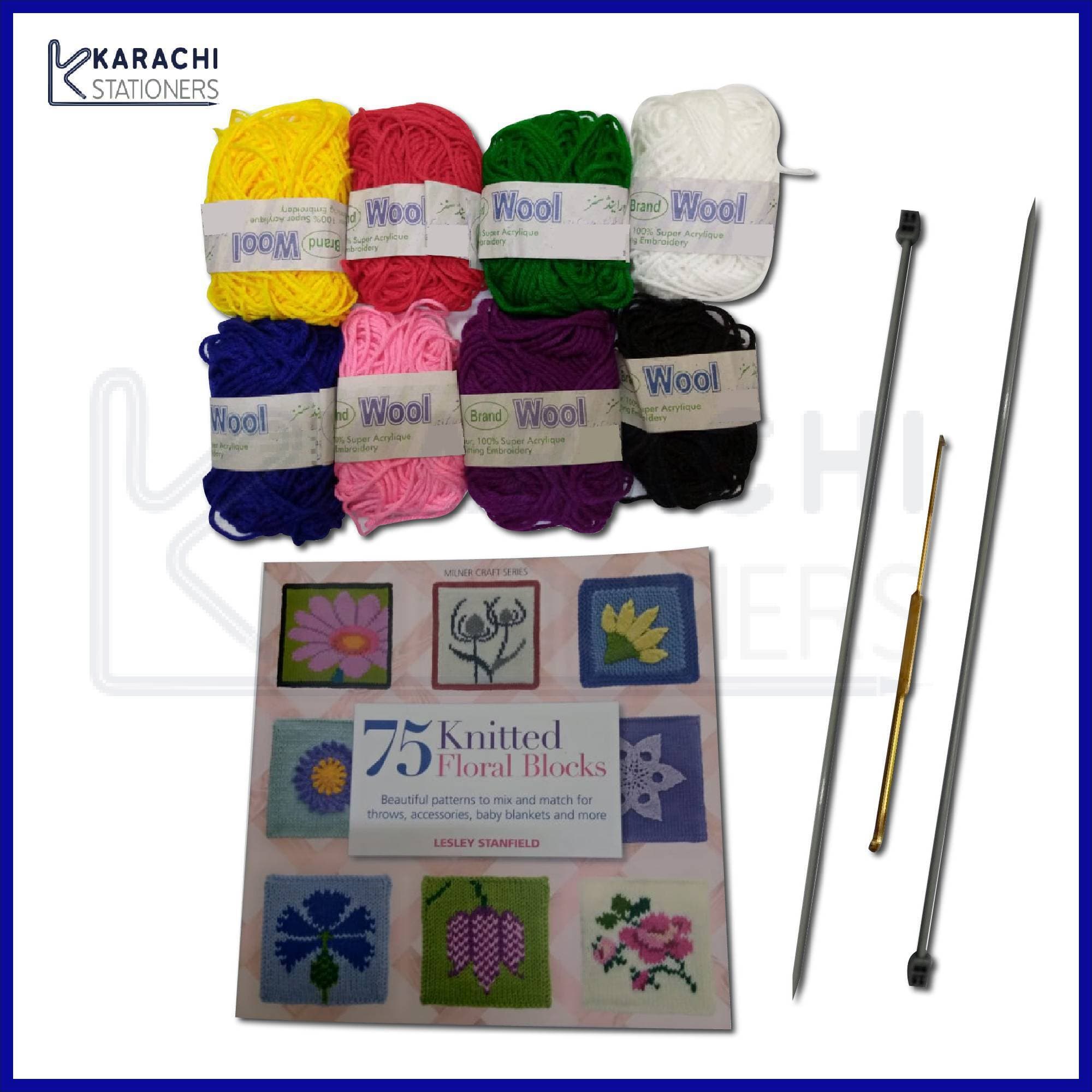 10pcs Kit of Knitting & Crochet including 6pcs Wool/Yarn - 3pcs Tools and a pattern book