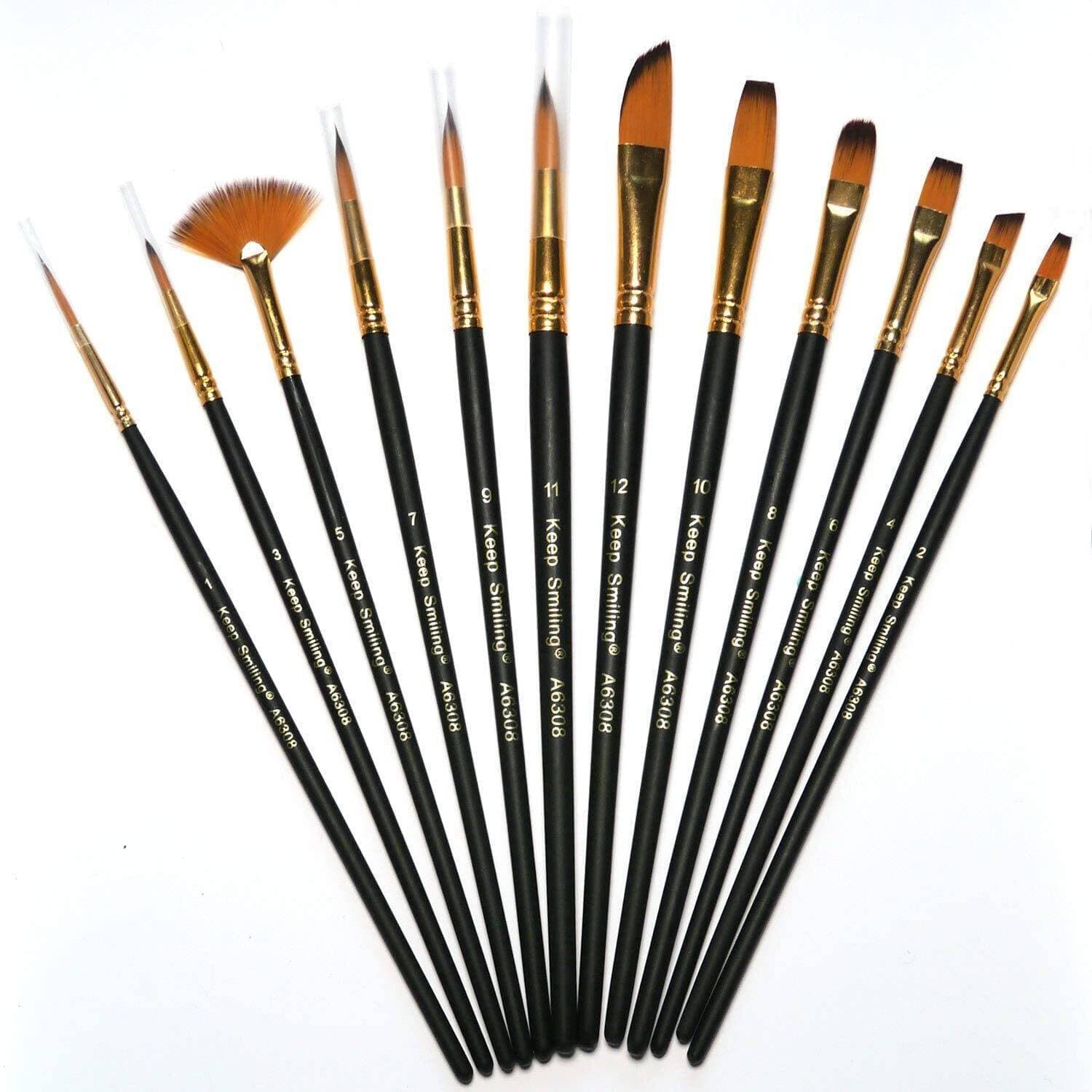 Keep Smiling Pack of 12 Multi Shapes Nylon Art Brush Set