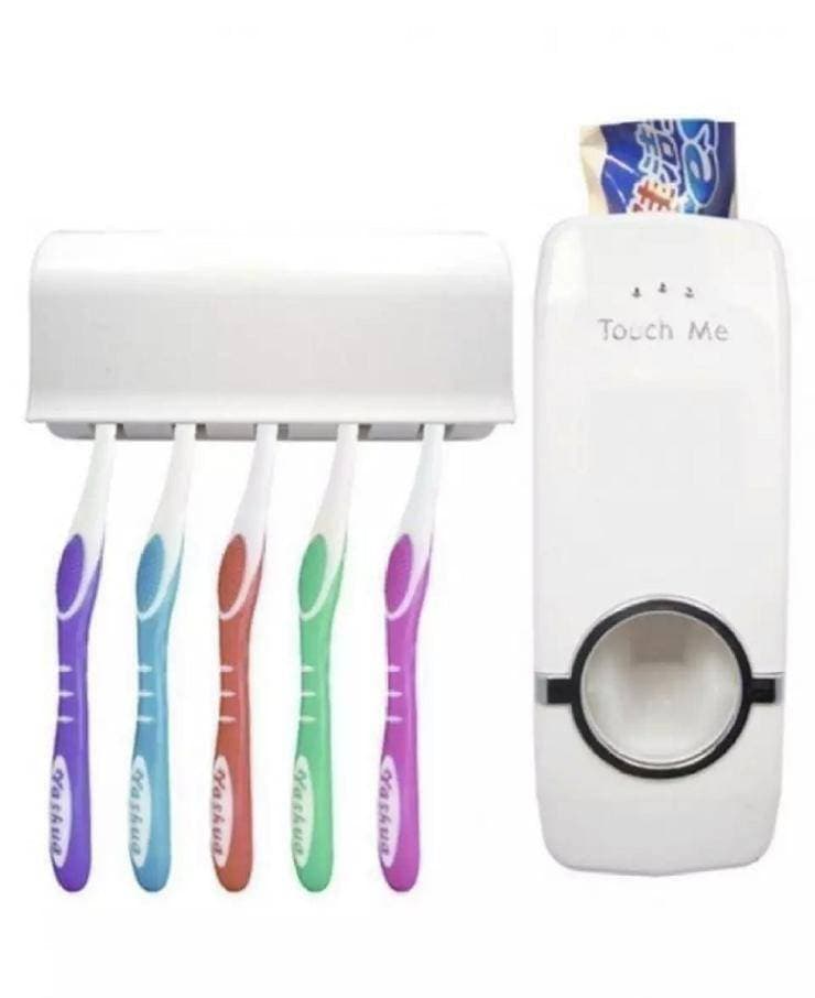 Set Of Toothpaste Dispenser & Brush Holder - White