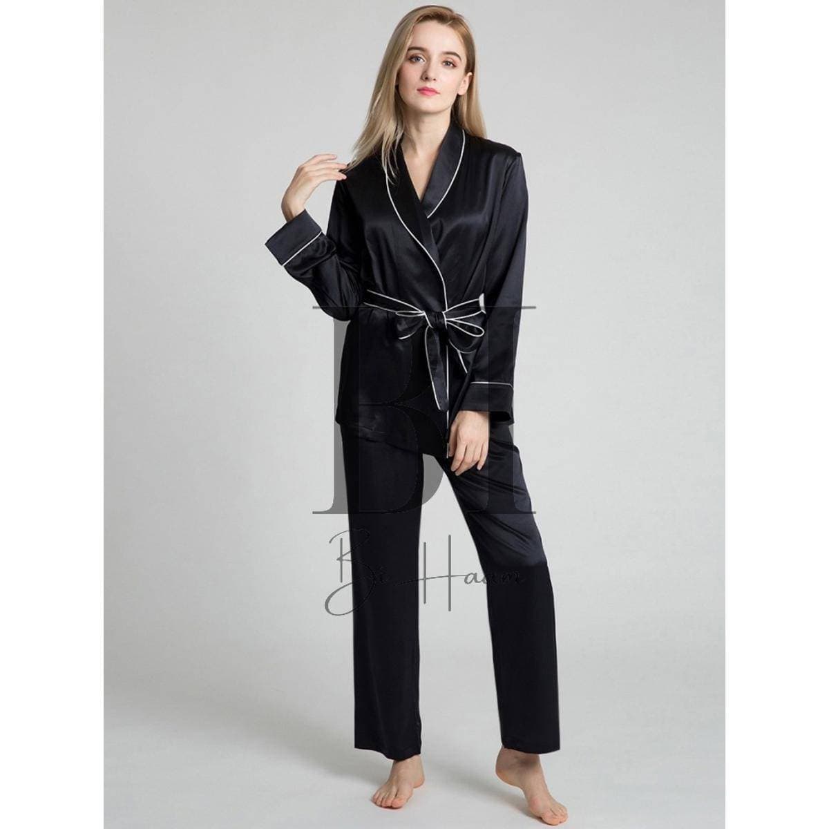 Bihaam 2 PCS Sleepwear Plain Silk Black Nighty Set For Women - BI-001