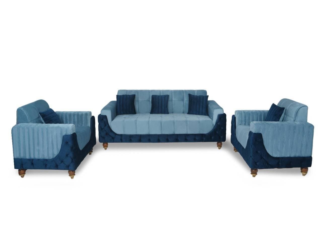 Five Seater Turkish Design Gray & Blue Velvet Modern Design Sofa Set