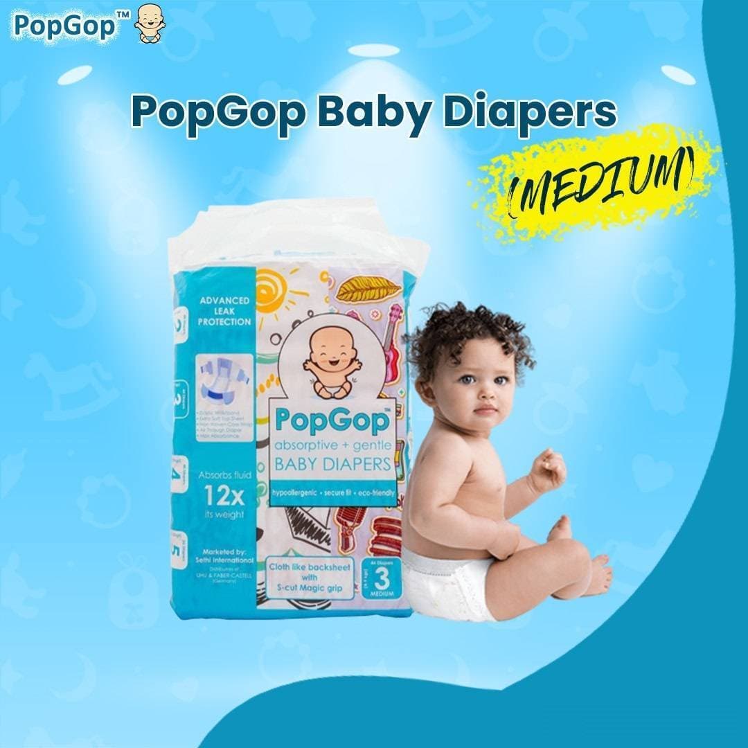 PopGop Baby Diapers Medium Size 3 For 4-9 KG - Pack of 44 Pcs