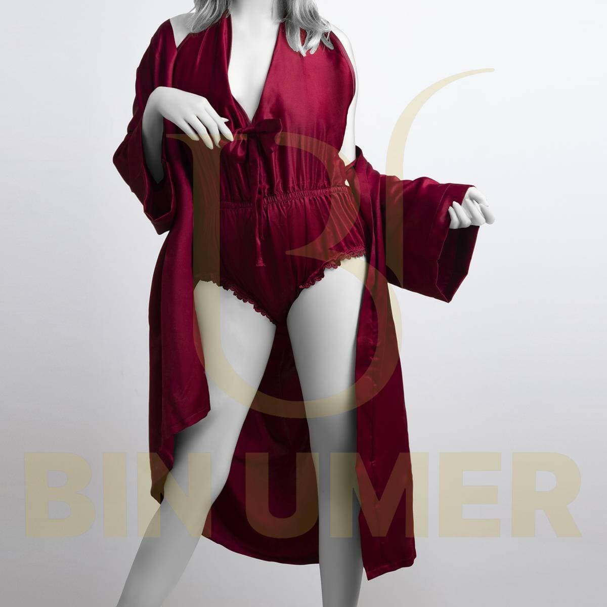 Bin Umer 2 PCS Western Bridal Honeymoon Nighty Set - Meroon