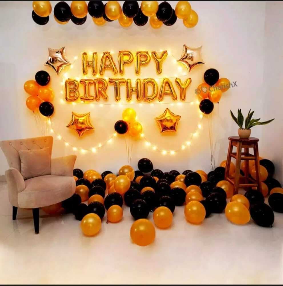 Happy Birthday Golden & Black Decoration Set With Combo Of Fairy Light