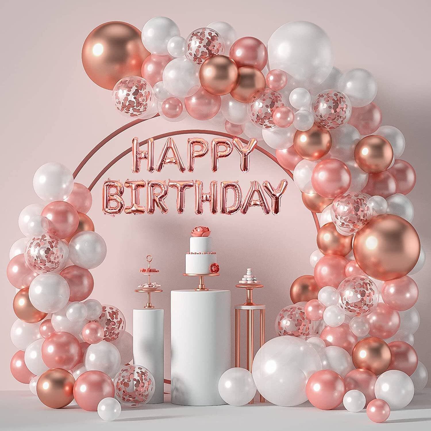 White And Rose Gold Happy Birthday Theme Decor Balloons Set