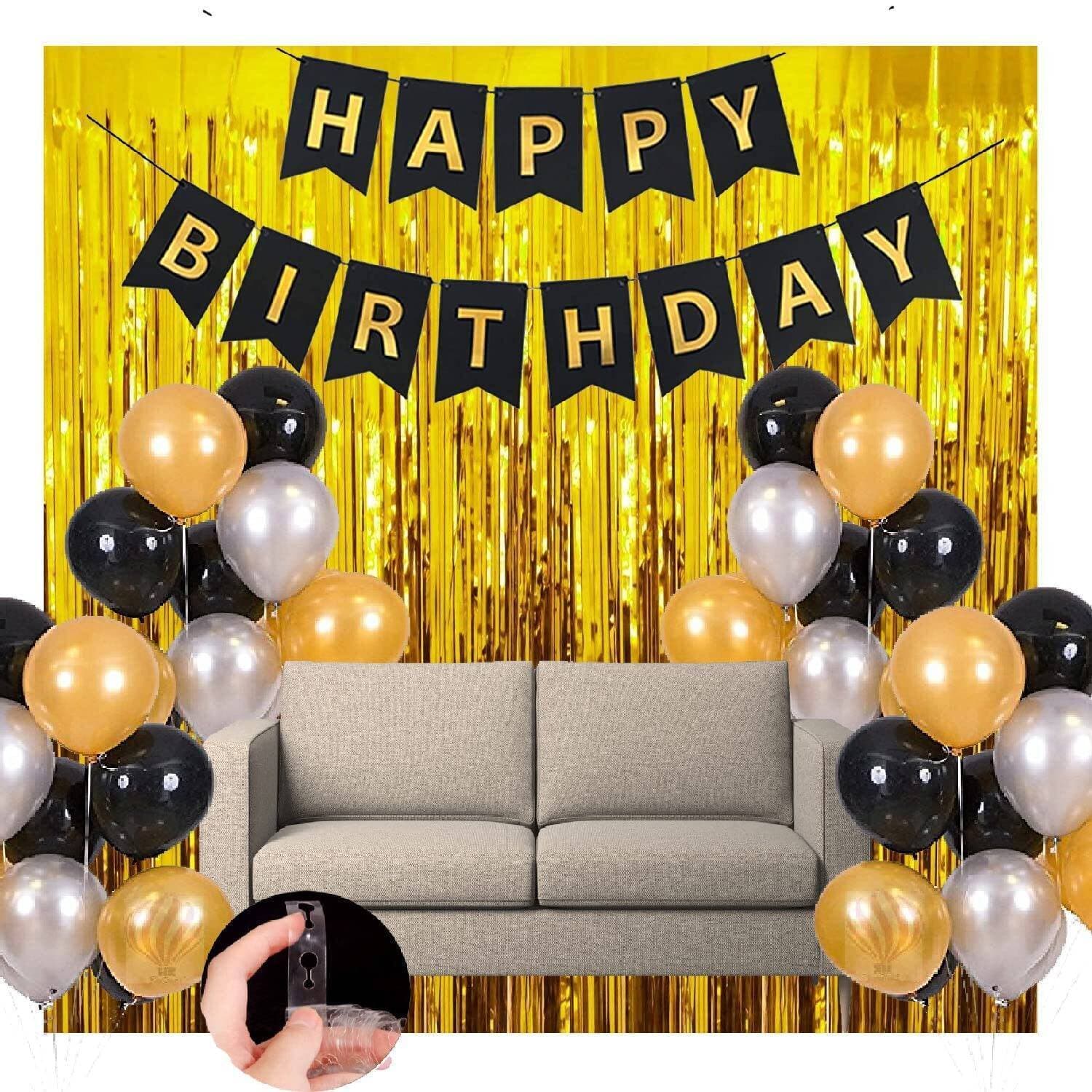 Beautiful Theme Of Happy Birthday Cards Banner With Combo Of '30' Pcs Balloons '1'Golden Fringe Curtain For Background Decoration (6X3 Feet)Birthday Decorations For Boys And Girls