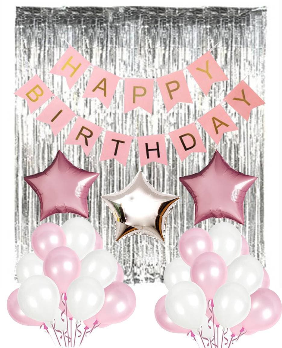 Graceful Pink Theme Of Happy Birthday Card/Banner & Balloons Set