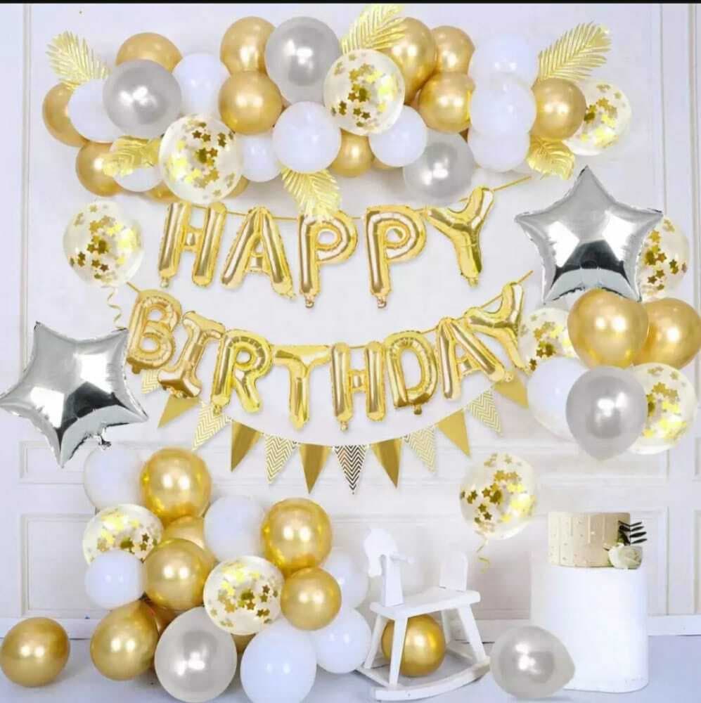 Happy Birthday Golden & White Complete Theme Balloons Set