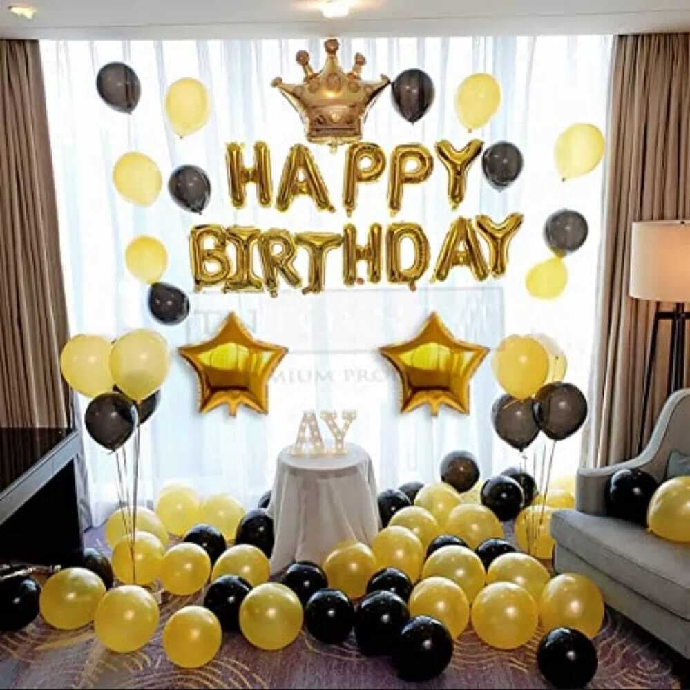 Crown Gold & Black Happy Birthday Foil Balloons Set