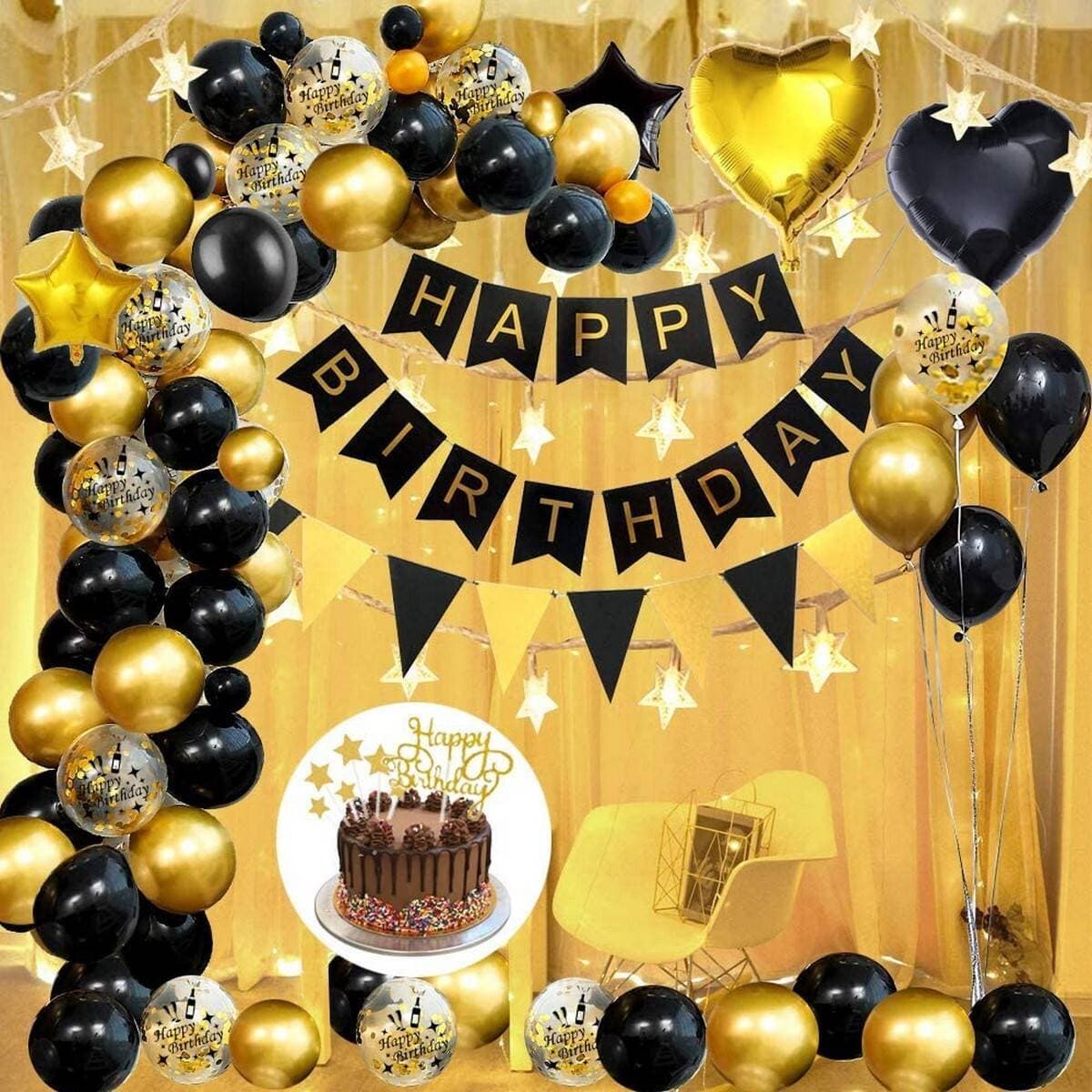 Black &Gold Happy Birthday Banner With Star Foil Balloon Set