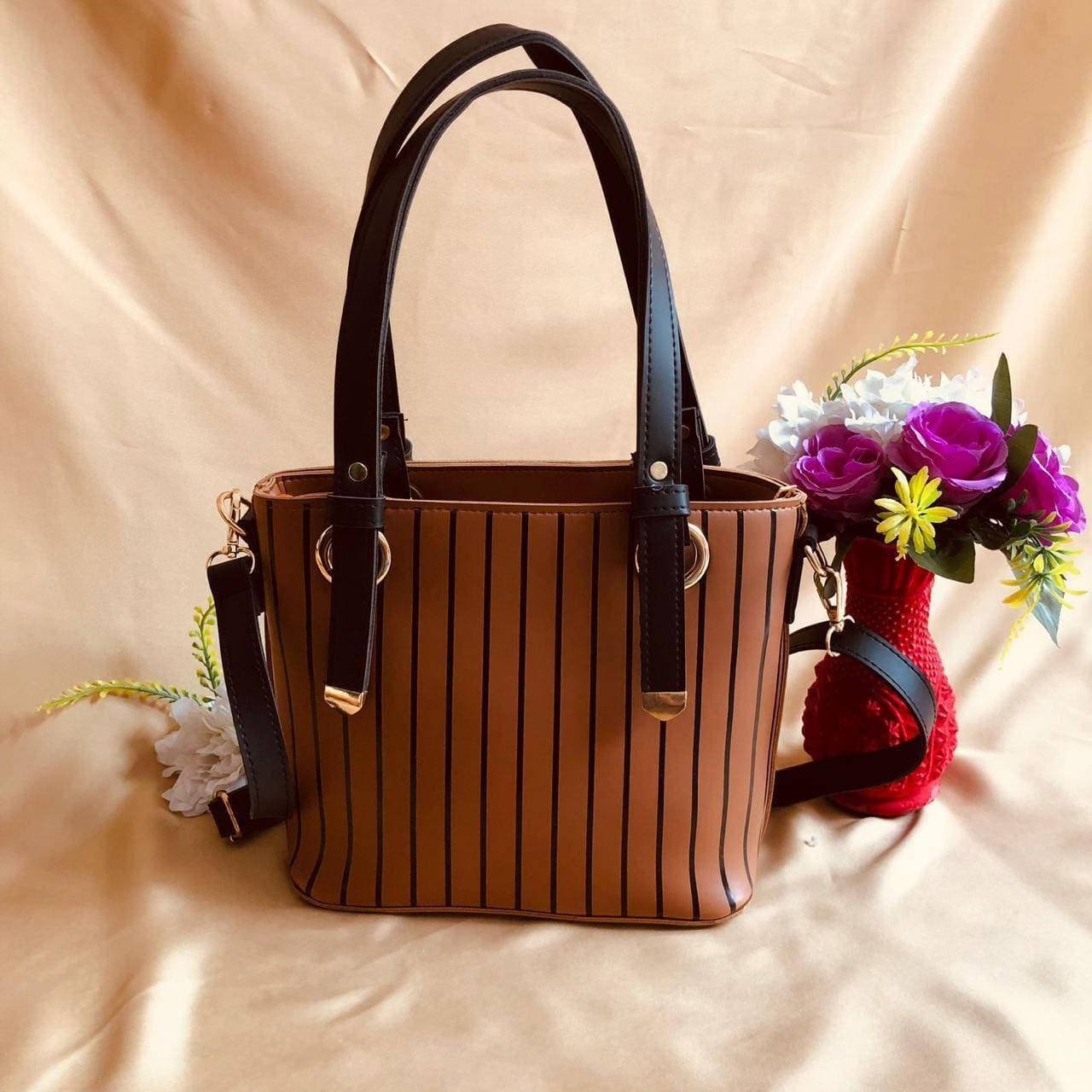 Black Line Tote Bag For Women - Brown