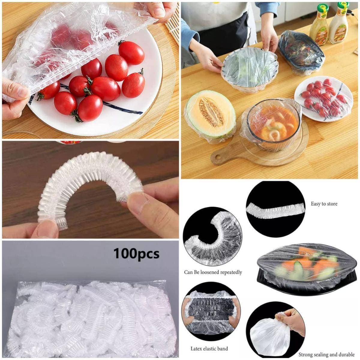 Disposable Food Cover Plastic Wrap Elastic Food Lids - 100Pcs