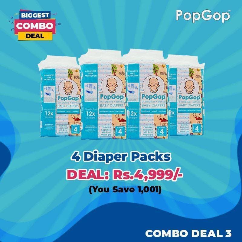 Combo Deal 4 Packs PopGop Baby Diapers-  Extra Large Size 5 For 7 to 18 KG